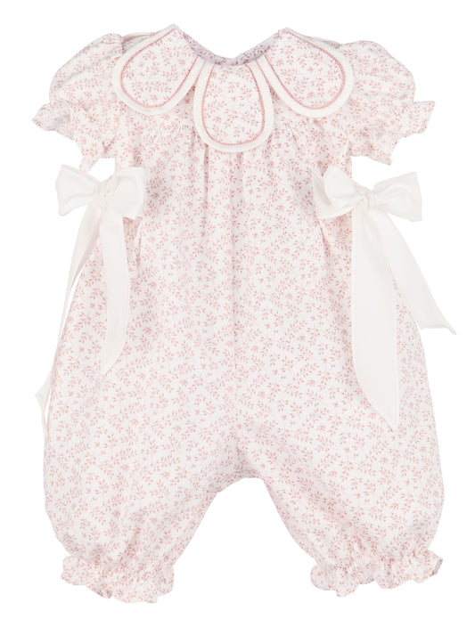 Sophie & Lucas Girls Petal Collar Floral Romper - Side Bows - Rose Pink