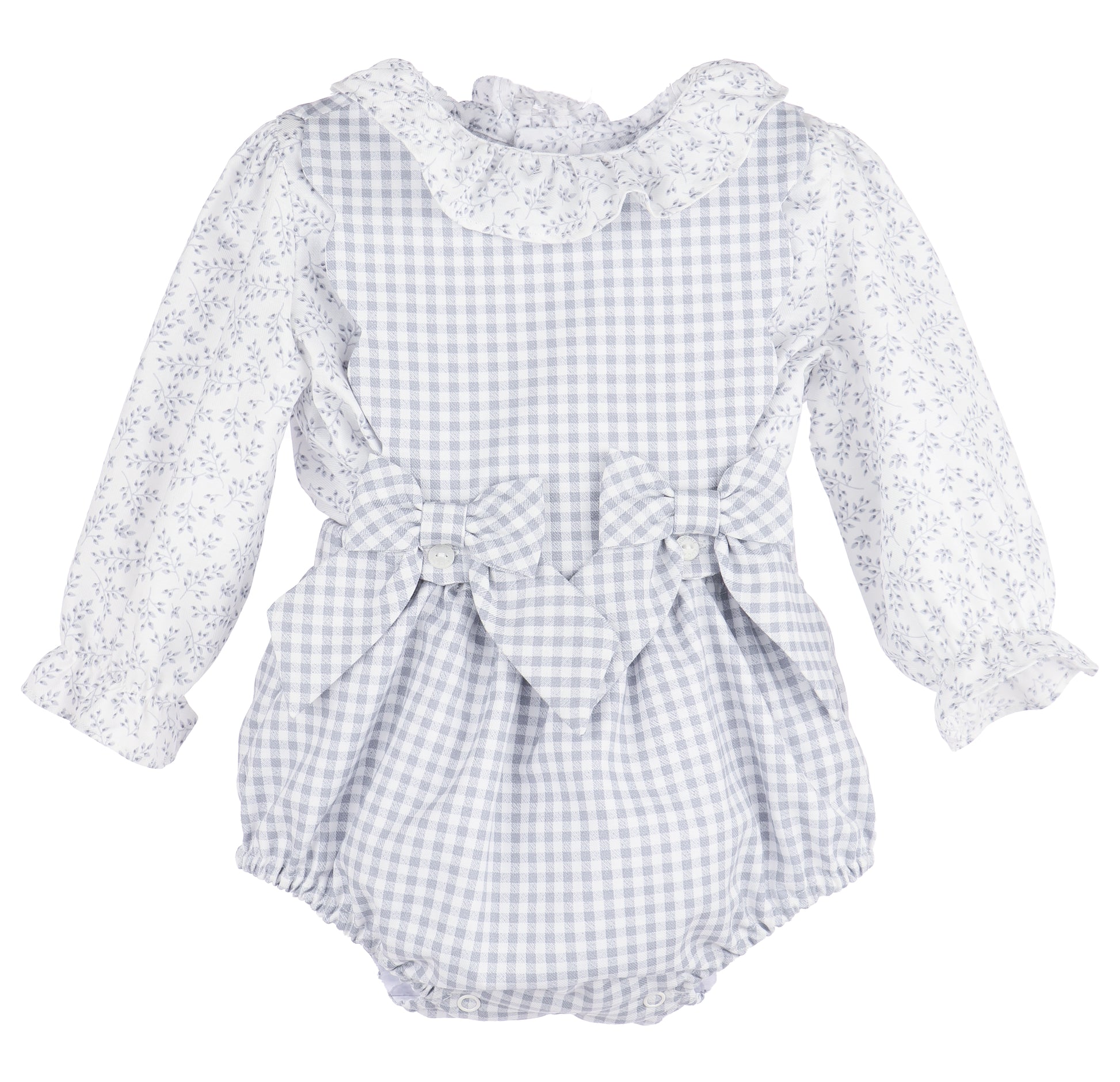 Sophie & Lucas Girls Blue Check Bubble with Bows - Blue Floral Blouse