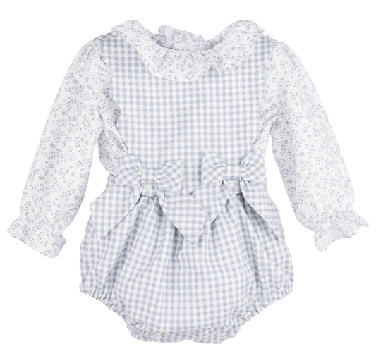 Sophie & Lucas Girls Blue Check Bubble with Bows - Blue Floral Blouse