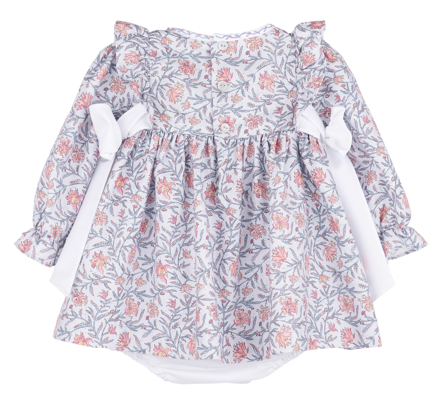 Sophie & Lucas Girls Blue Floral Miller Tate Ruffle Dress - White Side Bows