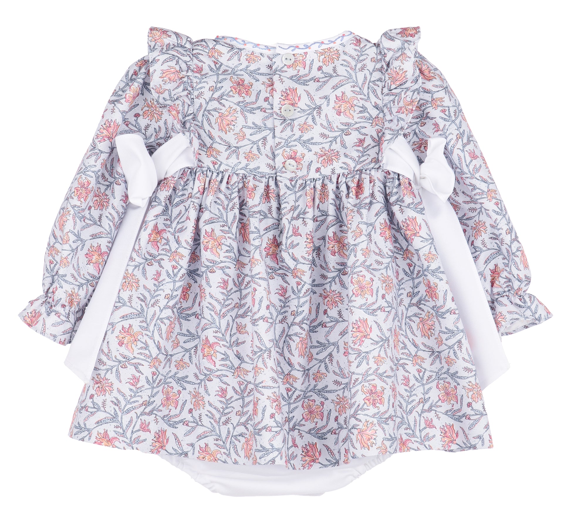 Sophie & Lucas Girls Blue Floral Miller Tate Ruffle Dress - White Side Bows