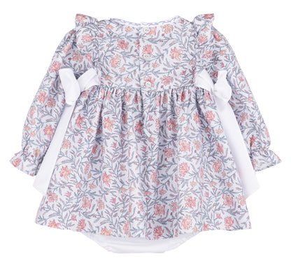 Sophie & Lucas Girls Blue Floral Miller Tate Ruffle Dress - White Side Bows