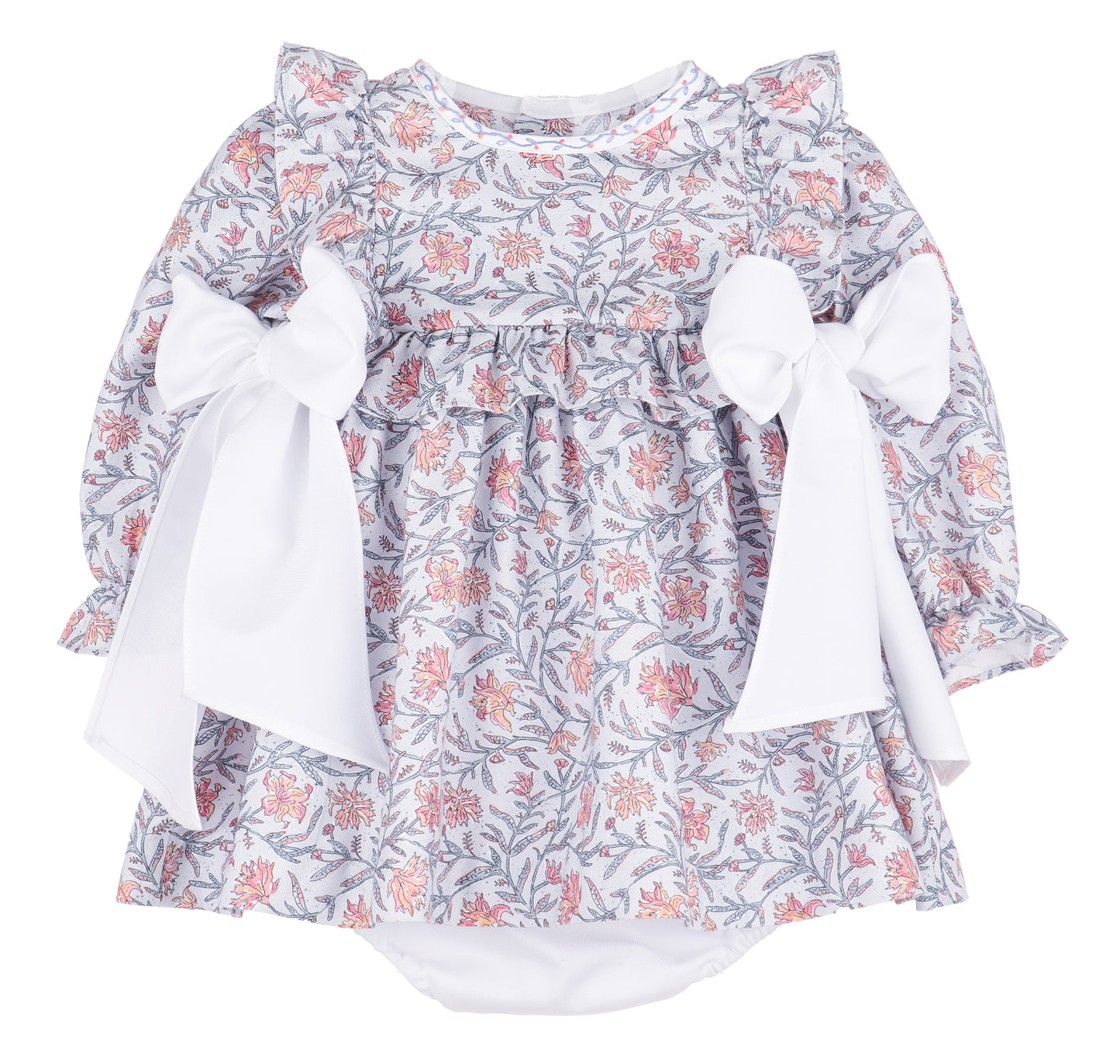 Sophie & Lucas Girls Blue Floral Miller Tate Ruffle Dress - White Side Bows