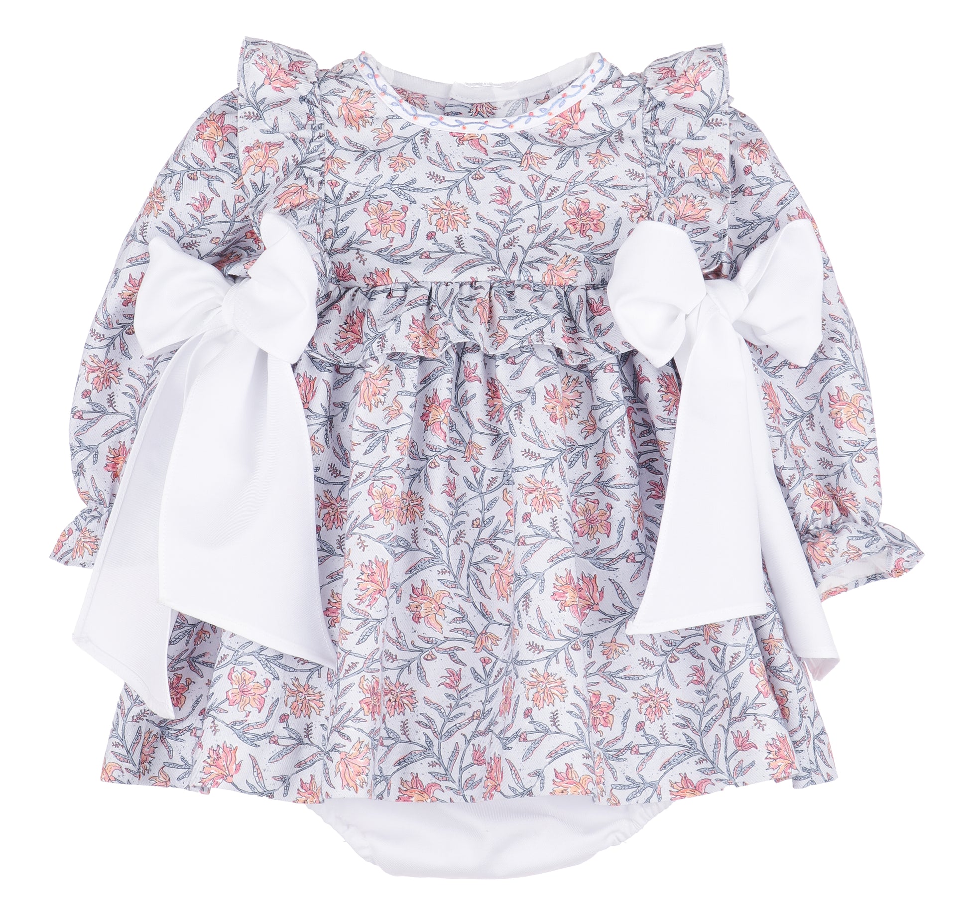 Sophie & Lucas Girls Blue Floral Miller Tate Ruffle Dress - White Side Bows