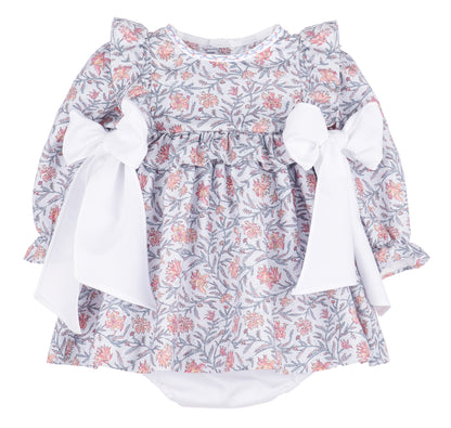 Sophie & Lucas Girls Blue Floral Miller Tate Ruffle Dress - White Side Bows