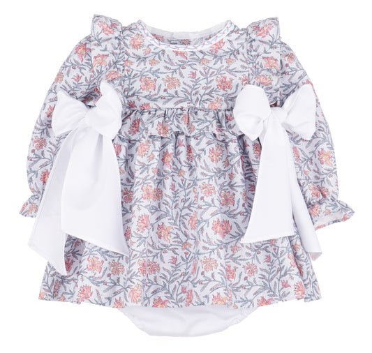 Sophie & Lucas Girls Blue Floral Miller Tate Ruffle Dress - White Side Bows by Sophie & Lucas