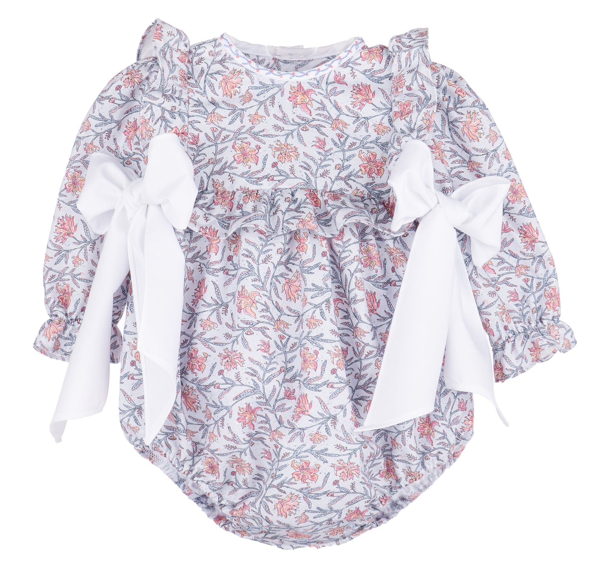 Sophie & Lucas Baby Girls Blue Floral Miller Tate Ruffle Bubble - White Side Bows