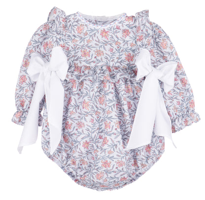 Sophie & Lucas Baby Girls Blue Floral Miller Tate Ruffle Bubble - White Side Bows