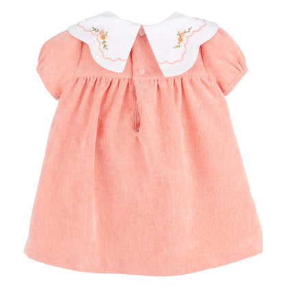 Sophie & Lucas Girls Cord Embroidered Scallop Collar Dress - Pumpkin Orange