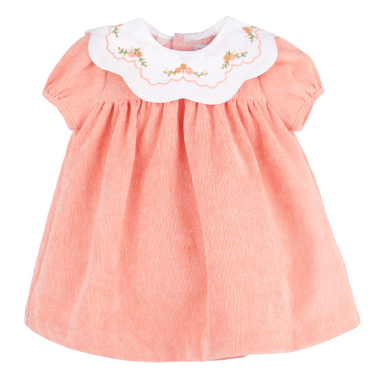 Sophie & Lucas Girls Cord Embroidered Scallop Collar Dress - Pumpkin Orange