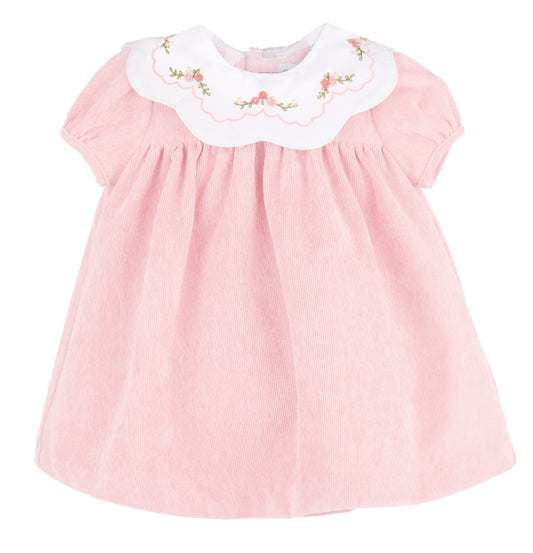 Sophie & Lucas Girls Cord Embroidery Scallop Collar Dress - Pink