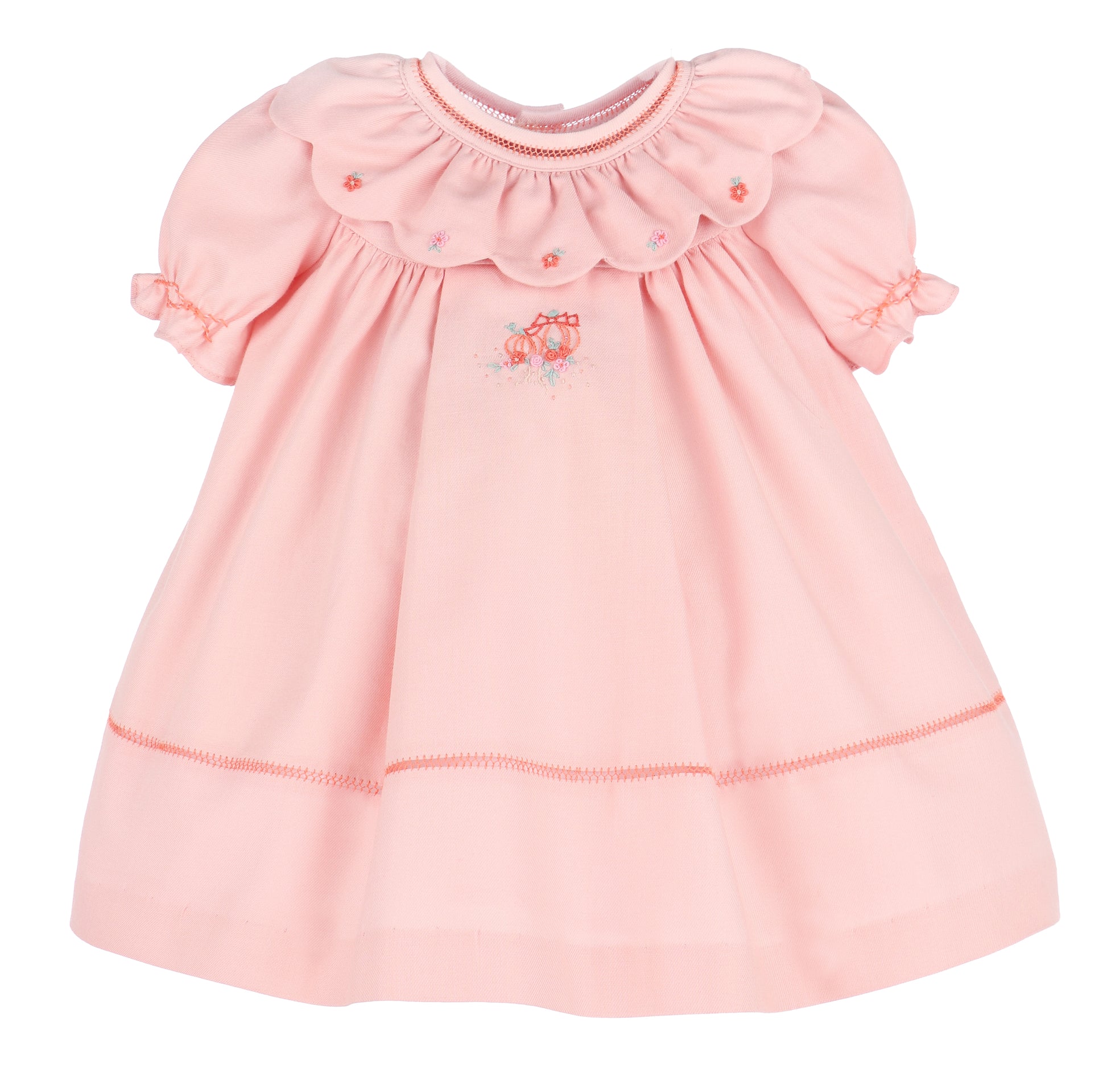 Sophie & Lucas Girls Embroidered Pumpkin Ruffle Dress - Bow on Back - Peach