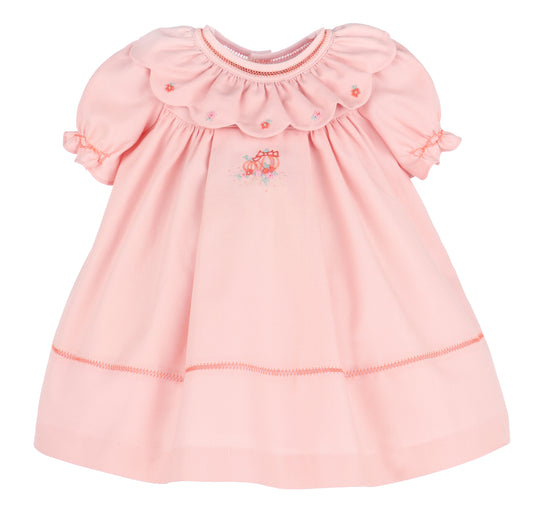 Sophie & Lucas Girls Embroidered Pumpkin Ruffle Dress - Bow on Back - Peach