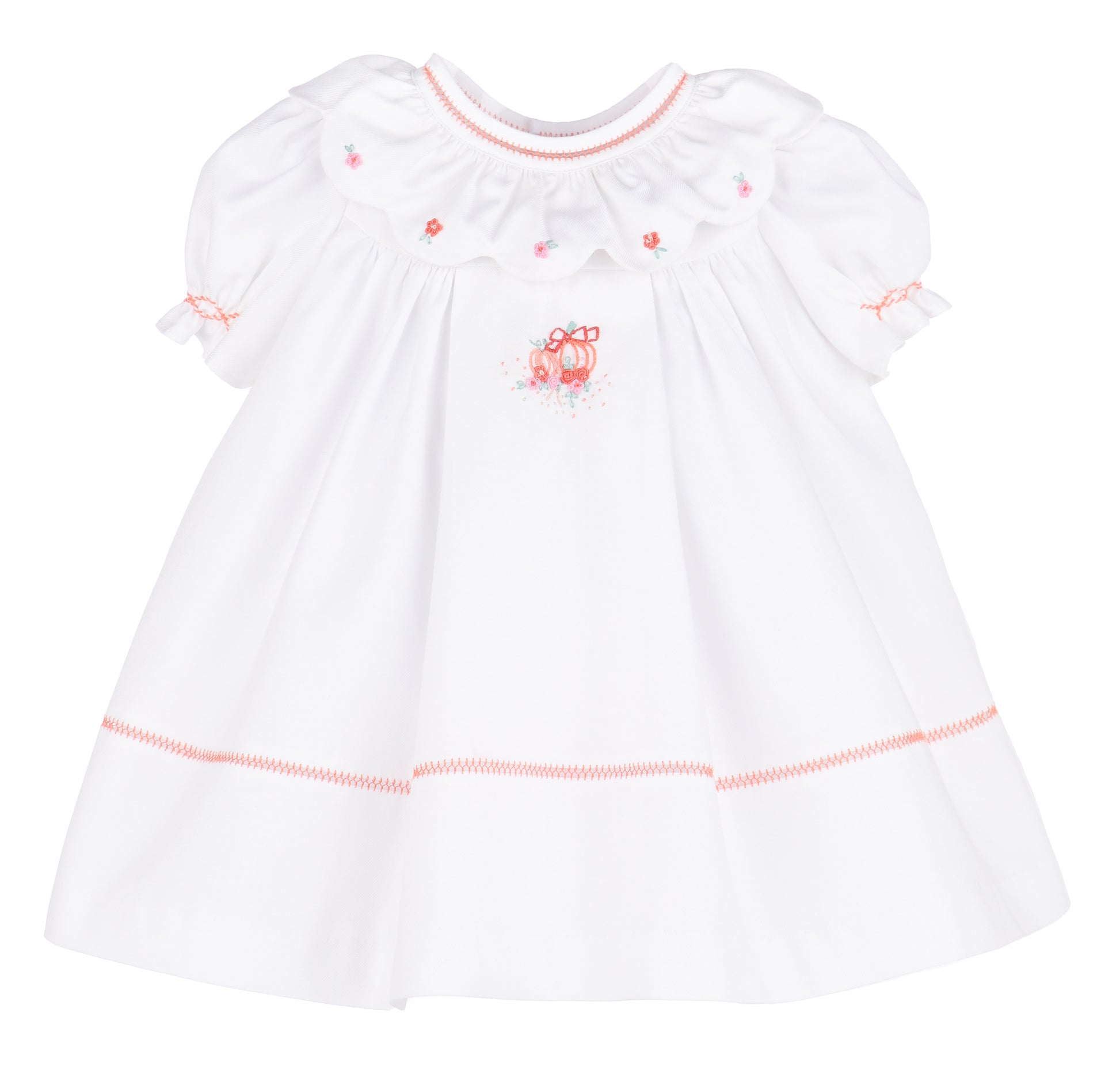 Sophie & Lucas Girls Embroidered Pumpkin Ruffle Dress - Bow on Back - White