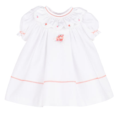 Sophie & Lucas Girls Embroidered Pumpkin Ruffle Dress - Bow on Back - White