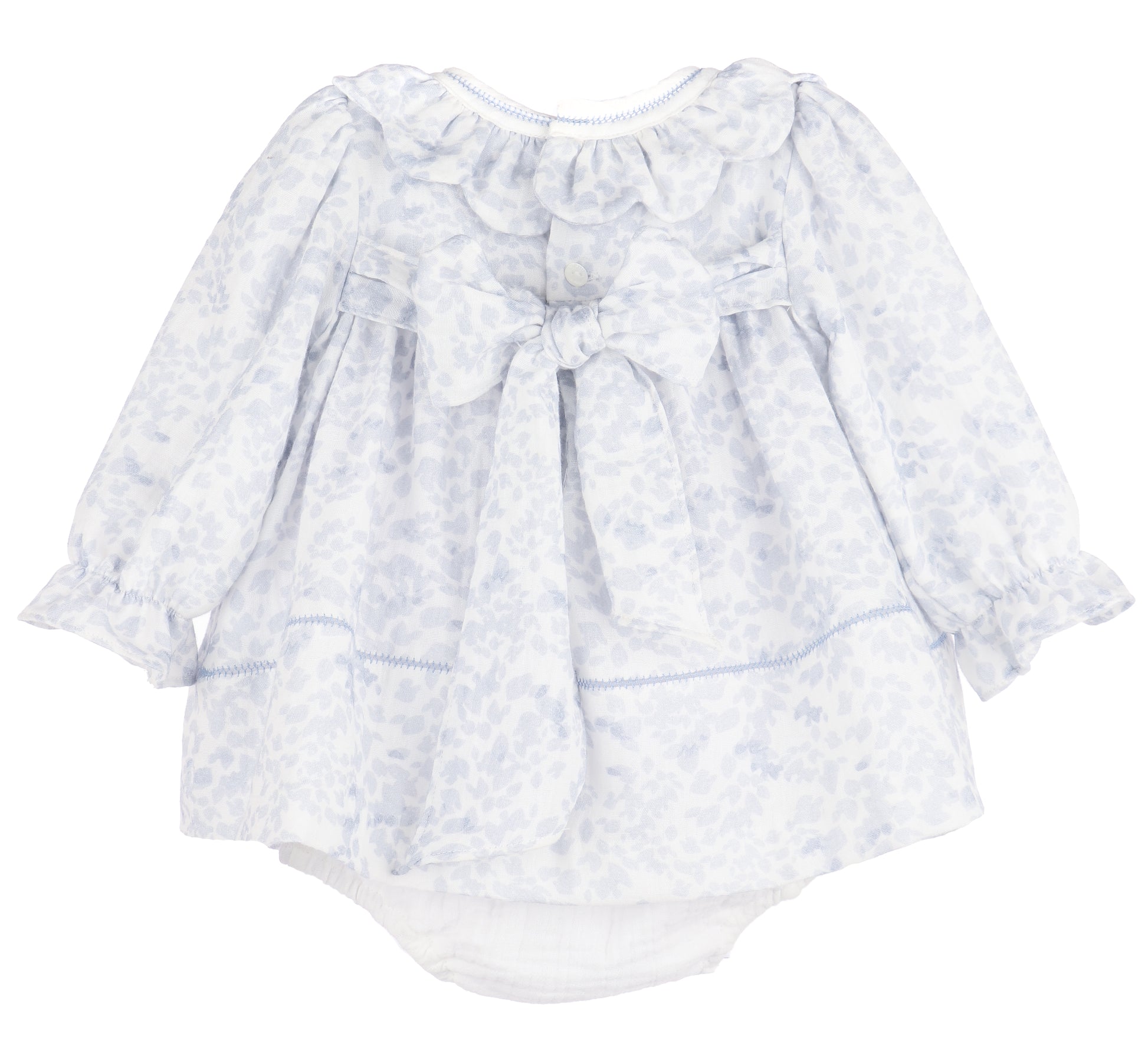 Sophie & Lucas Girls Blue Frosty Floral Scallop Ruffle Dress - Bow on Back