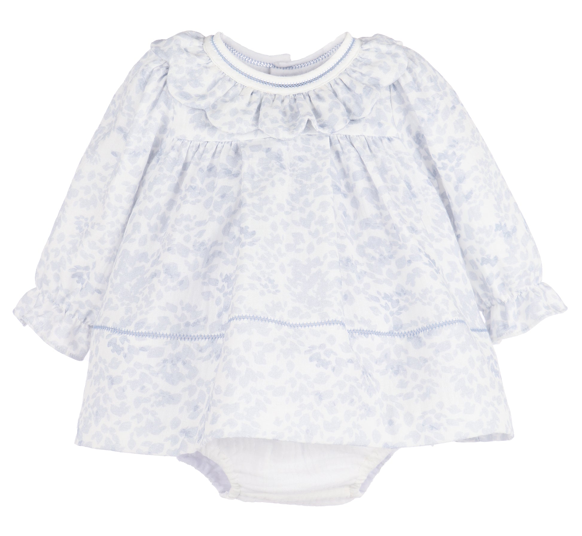 Sophie & Lucas Girls Blue Frosty Floral Scallop Ruffle Dress - Bow on Back