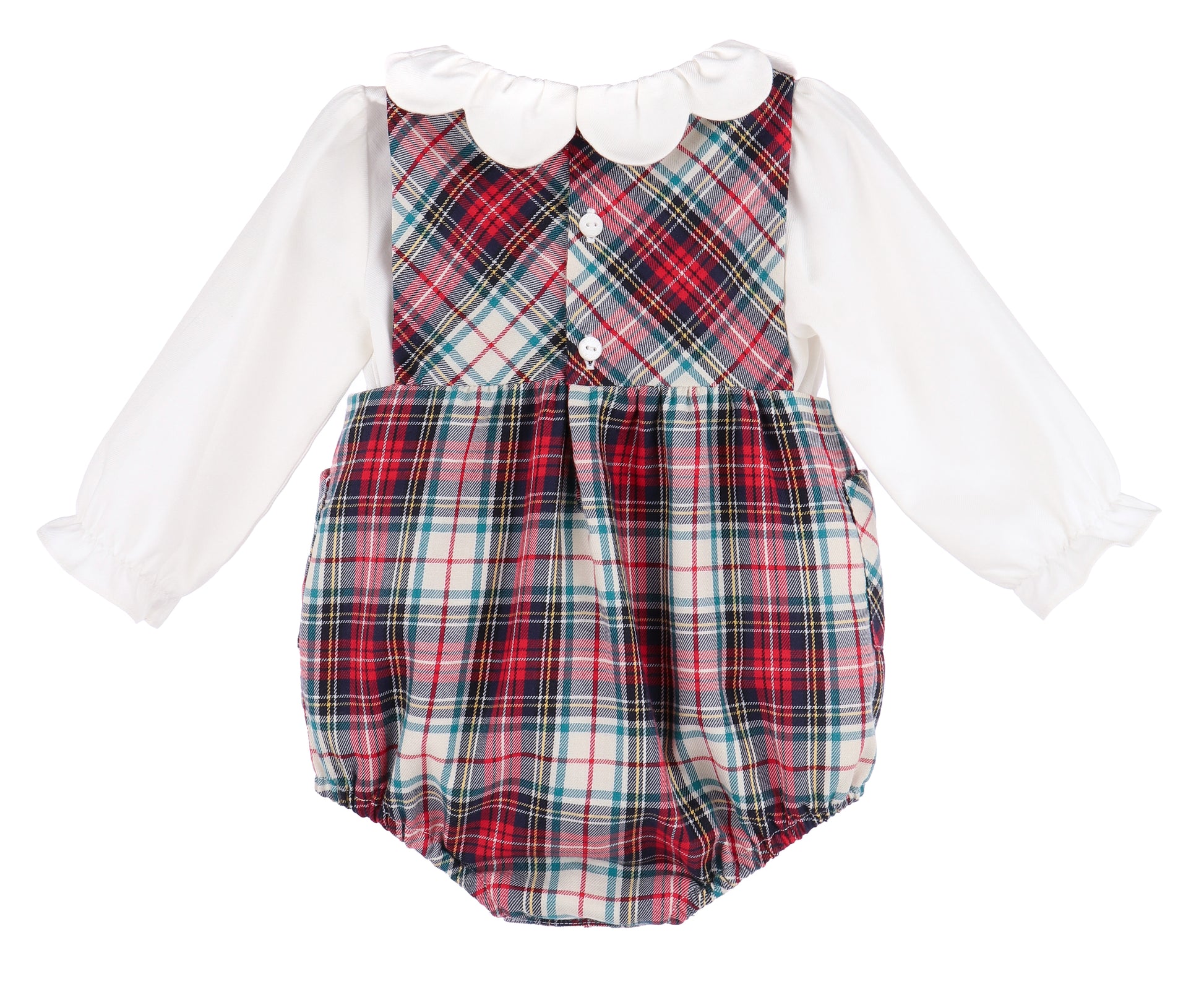 Sophie & Lucas Girls Red Holiday Plaid Bubble with Bow - Scallop Collar Blouse