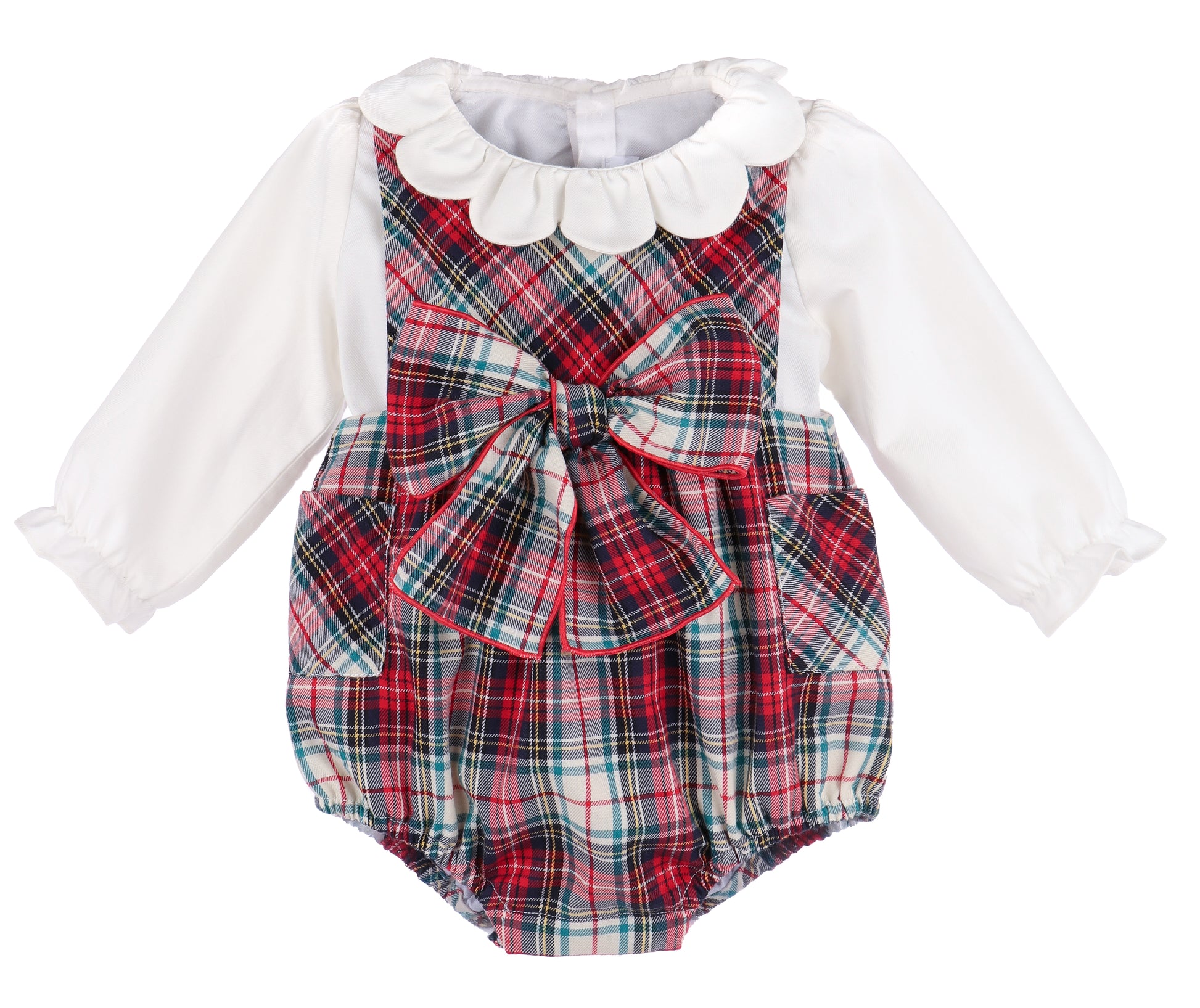 Sophie & Lucas Girls Red Holiday Plaid Bubble with Bow - Scallop Collar Blouse