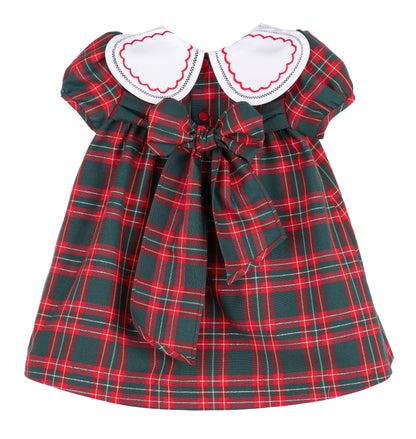 Sophie & Lucas Girls Red & Green Holiday Plaid Dress - Embroidered Petal Collar