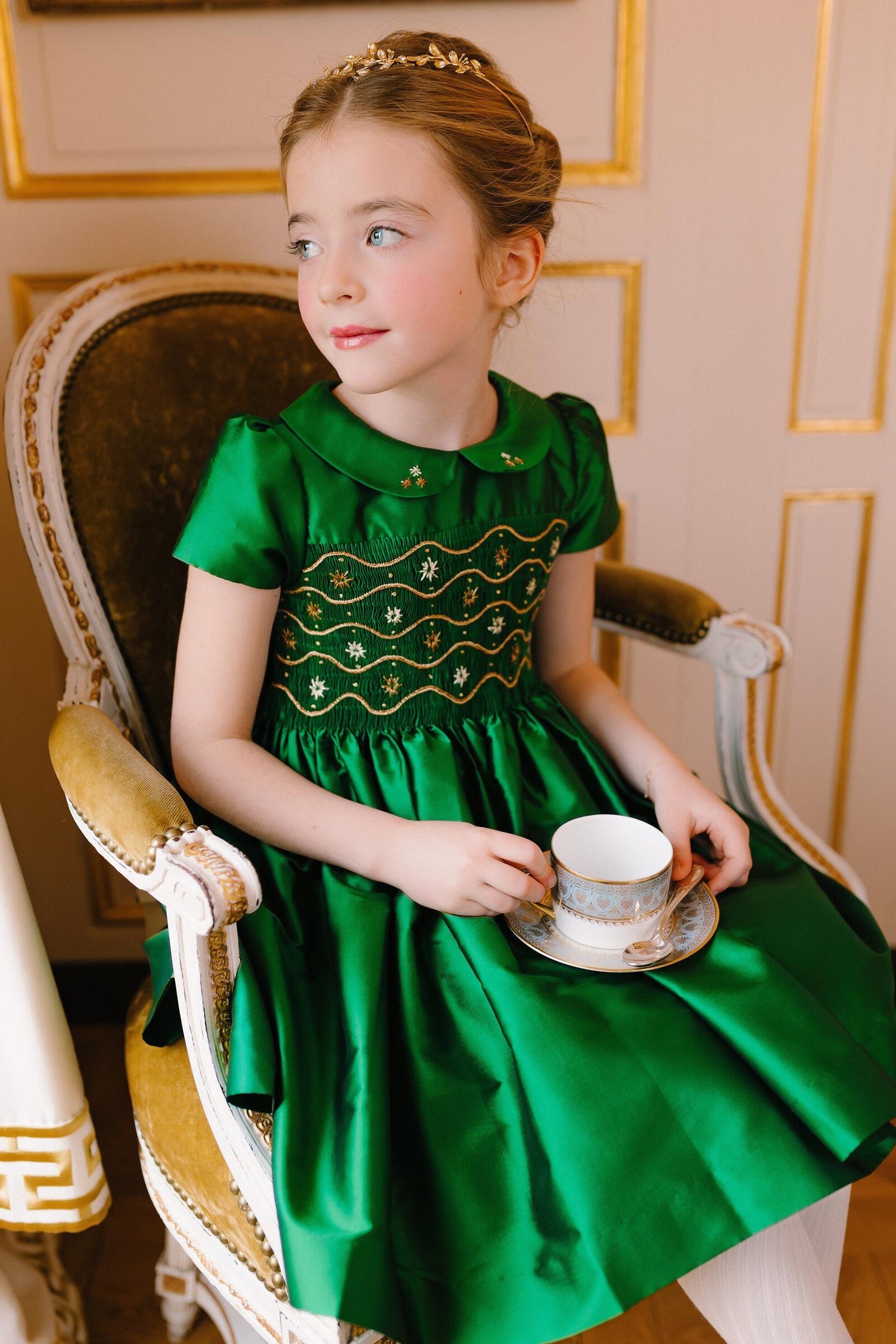 Antoinette Paris Girls Green Silk Christmas Dress - Fully Smocked Bodice