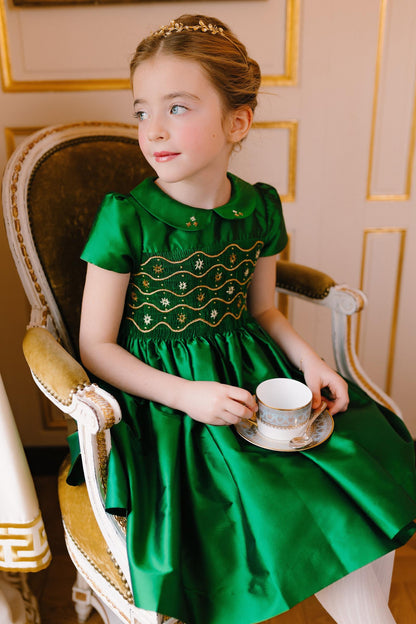 Antoinette Paris Girls Green Silk Christmas Dress - Fully Smocked Bodice