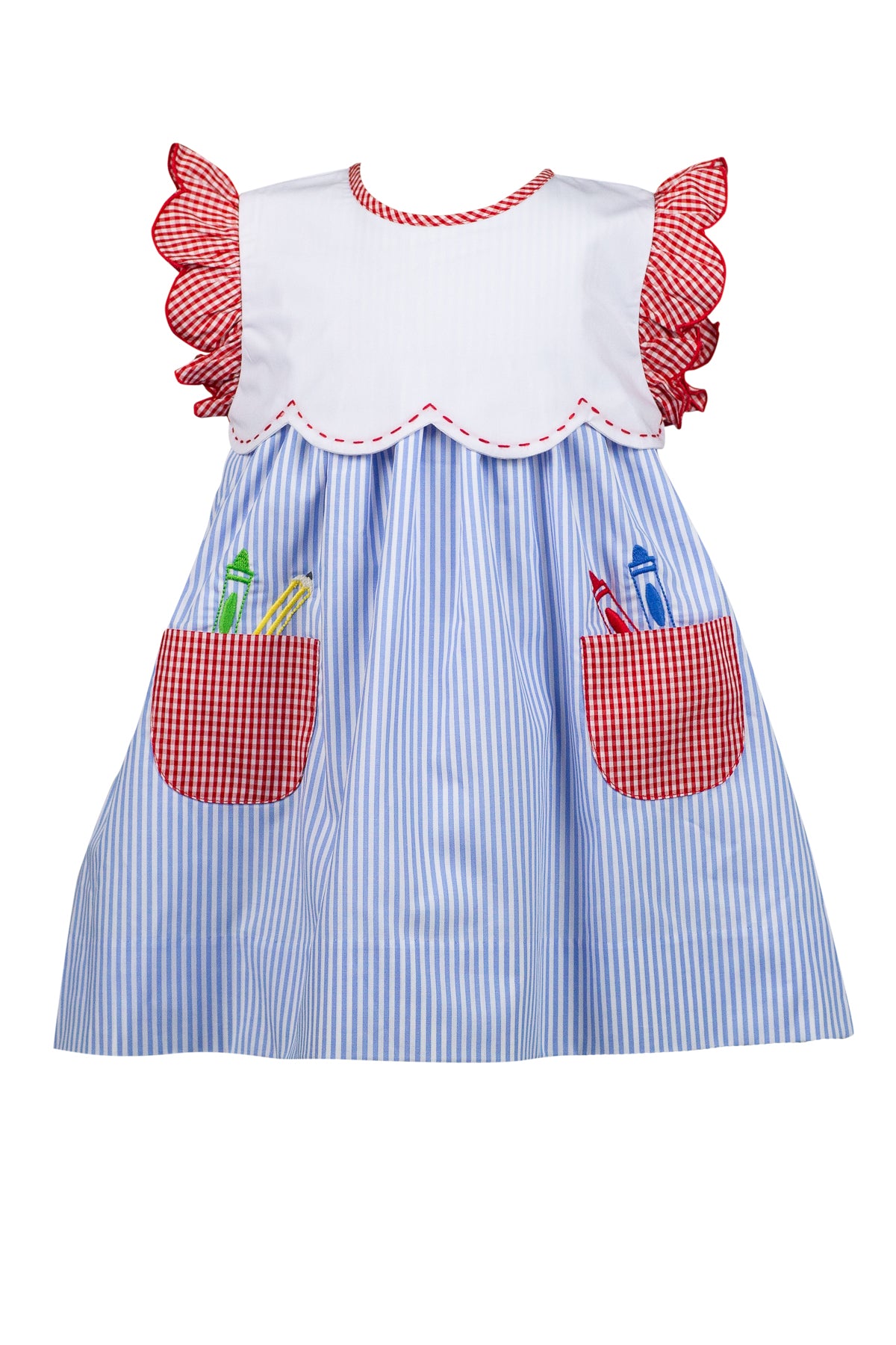 Proper Peony Girls Blue Stripe Sawyer School Dress - Pencils in Pockets