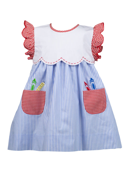 Proper Peony Girls Blue Stripe Sawyer School Dress - Pencils in Pockets