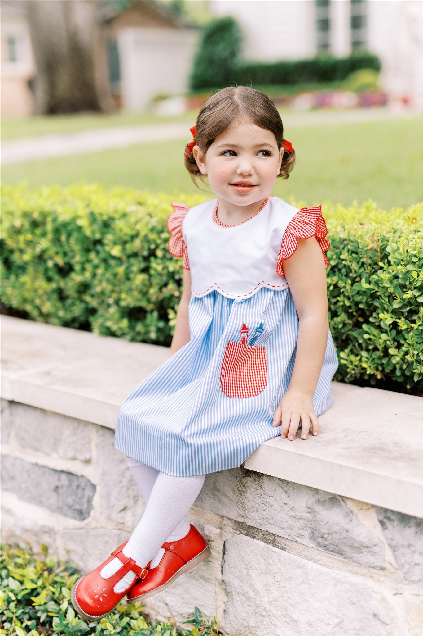 Proper Peony Girls Blue Stripe Sawyer School Dress - Pencils in Pockets