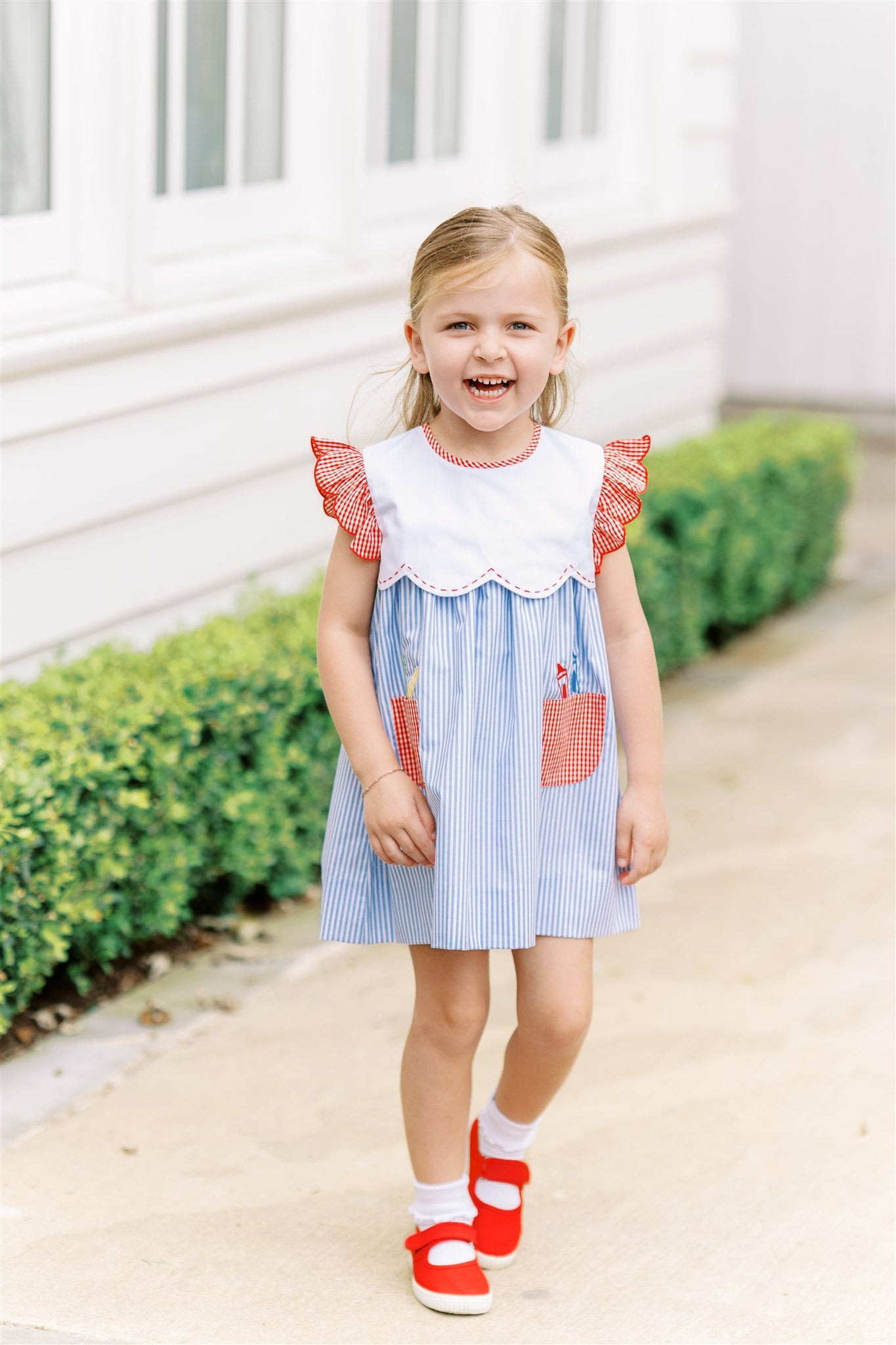 Proper Peony Girls Blue Stripe Sawyer School Dress - Pencils in Pockets