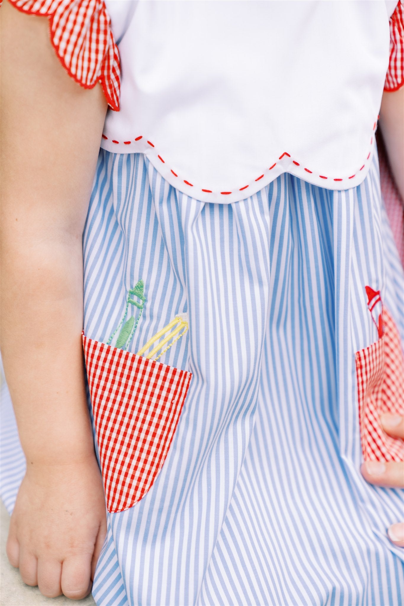 Proper Peony Girls Blue Stripe Sawyer School Dress - Pencils in Pockets