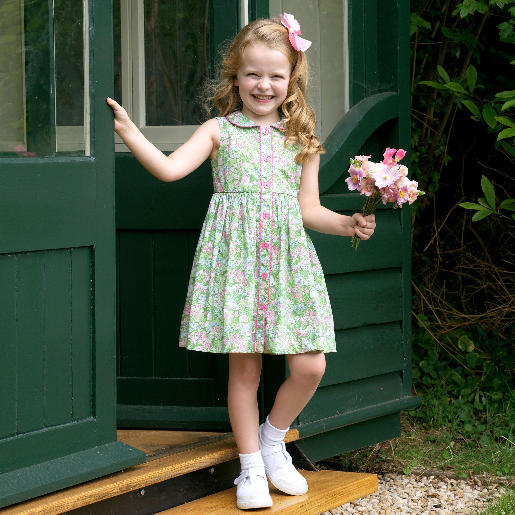 Rachel Riley London Girls Green Garden Button Front Dress