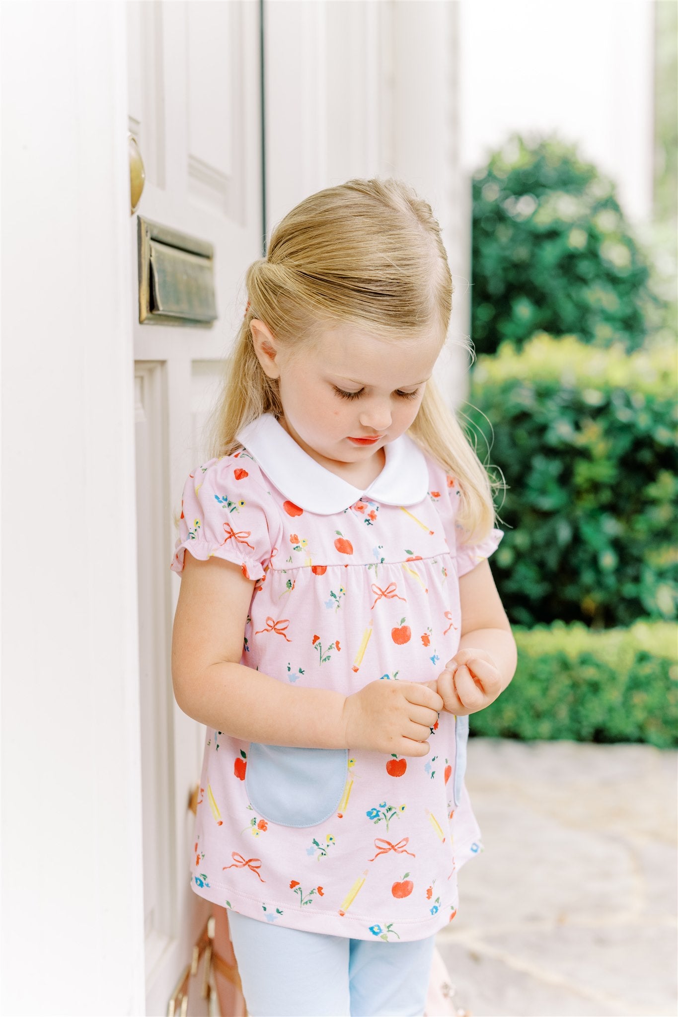 Proper Peony Pima Pink School Days Top with Blue Leggings