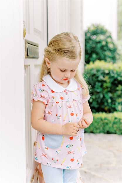 Proper Peony Pima Pink School Days Top with Blue Leggings