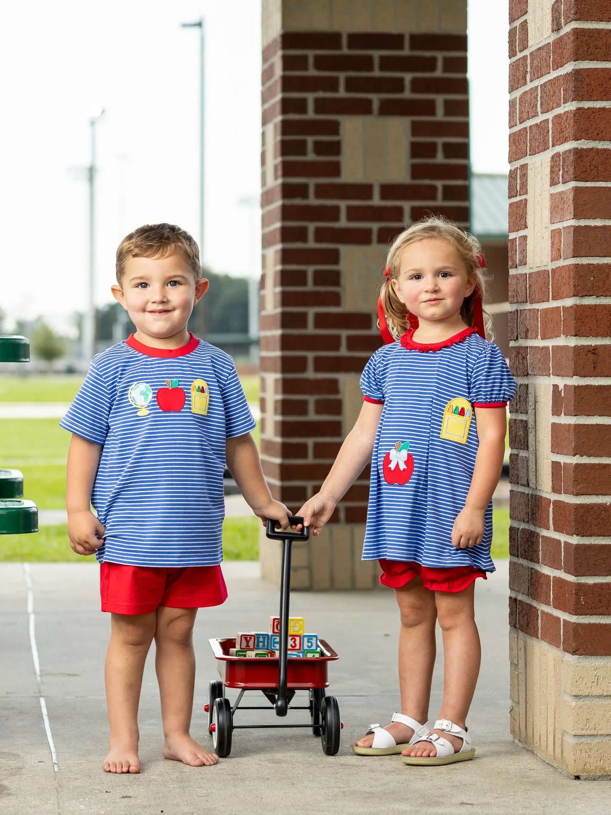 Trotter Street Kids Boys Red Shorts with Royal Blue School Supplies Shirt