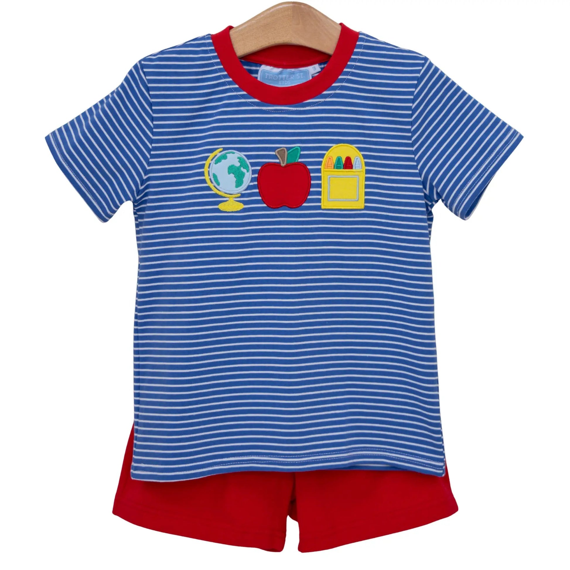 Trotter Street Kids Boys Red Shorts with Royal Blue School Supplies Shirt