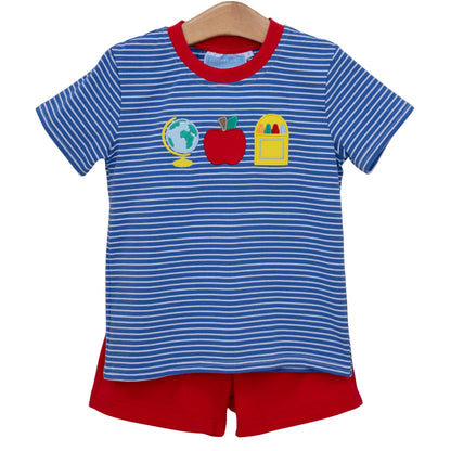 Trotter Street Kids Boys Red Shorts with Royal Blue School Supplies Shirt