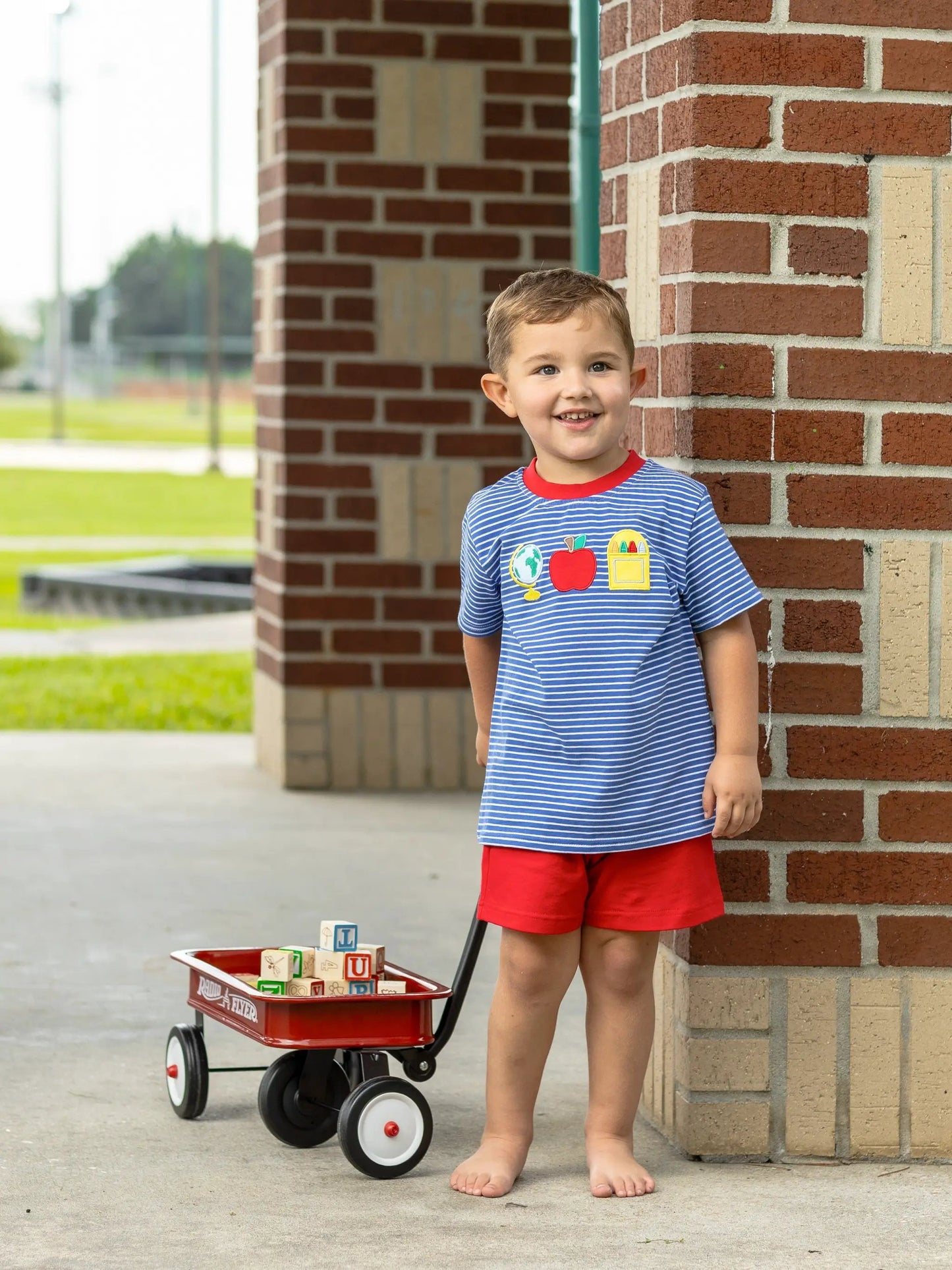 Trotter Street Kids Boys Red Shorts with Royal Blue School Supplies Shirt