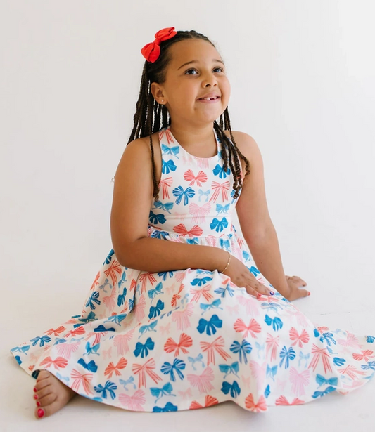 Ollie Jay Girls Sofia Twirl Dress - Patriotic Bows for Fourth of July