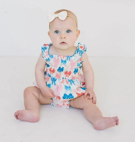 Ollie Jay Baby Girls Maylen Poplin Smocked Bubble - Patriotic Bows for July 4