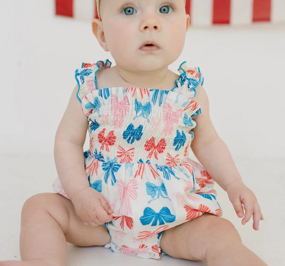 Ollie Jay Baby Girls Maylen Poplin Smocked Bubble - Patriotic Bows for July 4