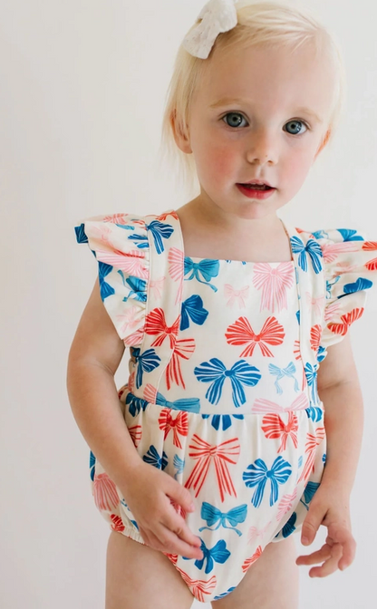 Ollie Jay Baby Girls Emmy Bubble - Patriotic Bows - Flutter Sleeves