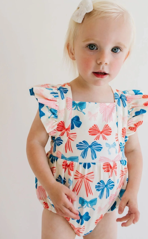 Ollie Jay Baby Girls Emmy Bubble - Patriotic Bows - Flutter Sleeves