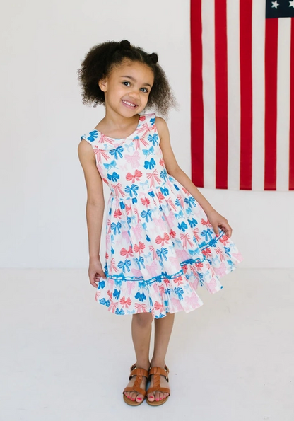 Ollie Jay Girls Lara Poplin Twirl Dress - Patriotic Bows for Fourth of July