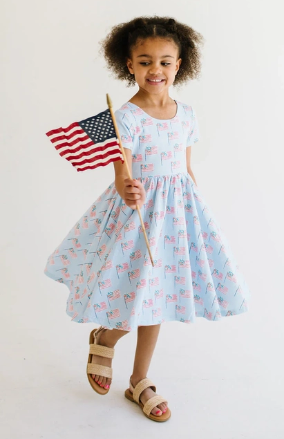 Ollie Jay Girls Classic Twirl Dress - Blue Flags for Fourth of July