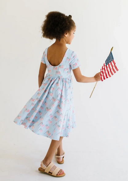 Ollie Jay Girls Classic Twirl Dress - Blue Flags for Fourth of July