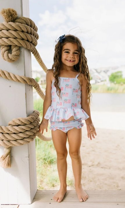 Ollie Jay Girls Emma Two Piece Swimsuit - Blue Patriotic Flags