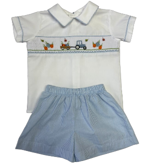 LuLu BeBe Toddler Boys Blue Shorts with Smocked Pumpkin Trucks Shirt
