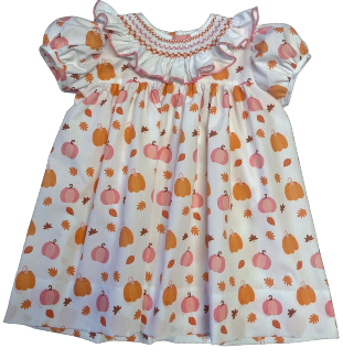 LuLu BeBe Girls Pink & Orange Pumpkins Print Dress - Smocked Ruffle Collar by LuLu BeBe