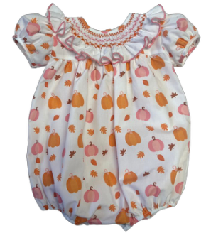 LuLu BeBe Baby Girls Pink & Orange Pumpkins Print Bubble - Smocked Ruffle Collar